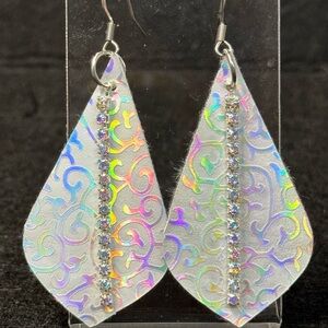 Silver Holographic Faux Leather Earrings with Rhinestones